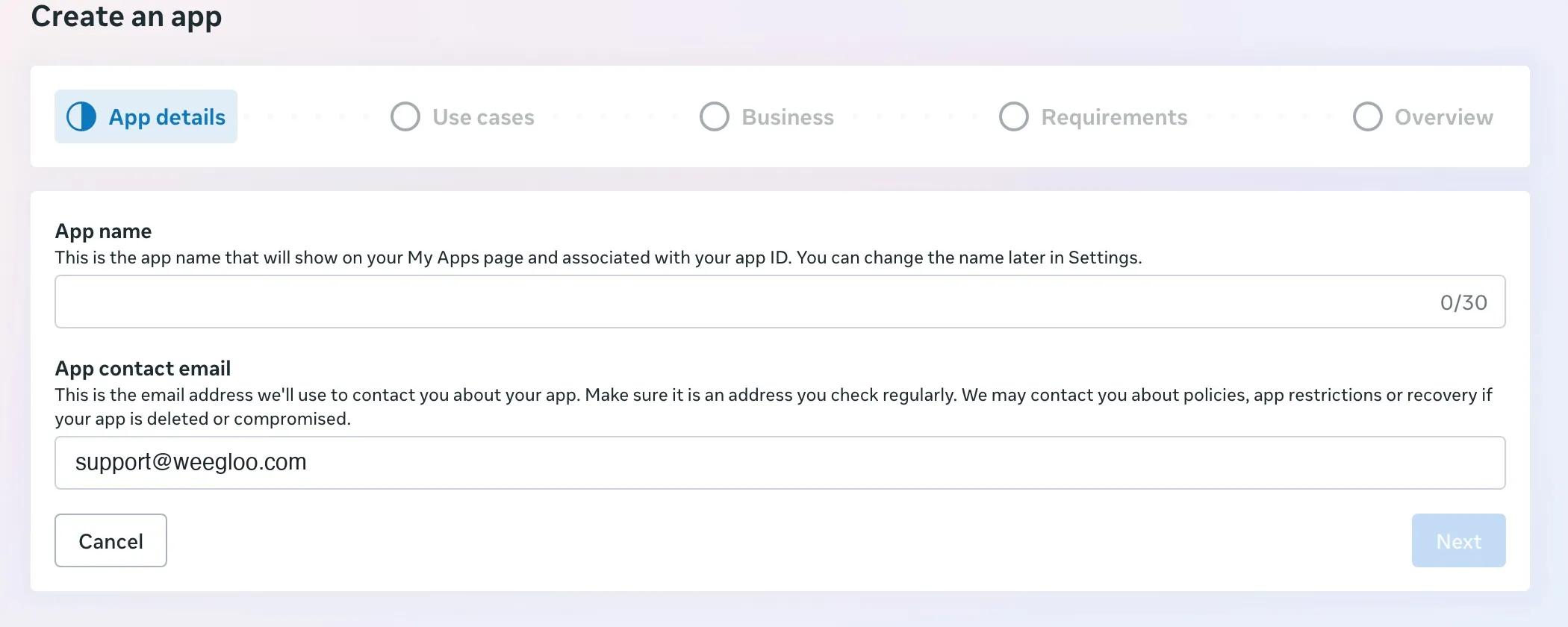 分步填写界面的 App details 步骤。有 App name 框和 App contact email 框,右下方是 Next 按钮