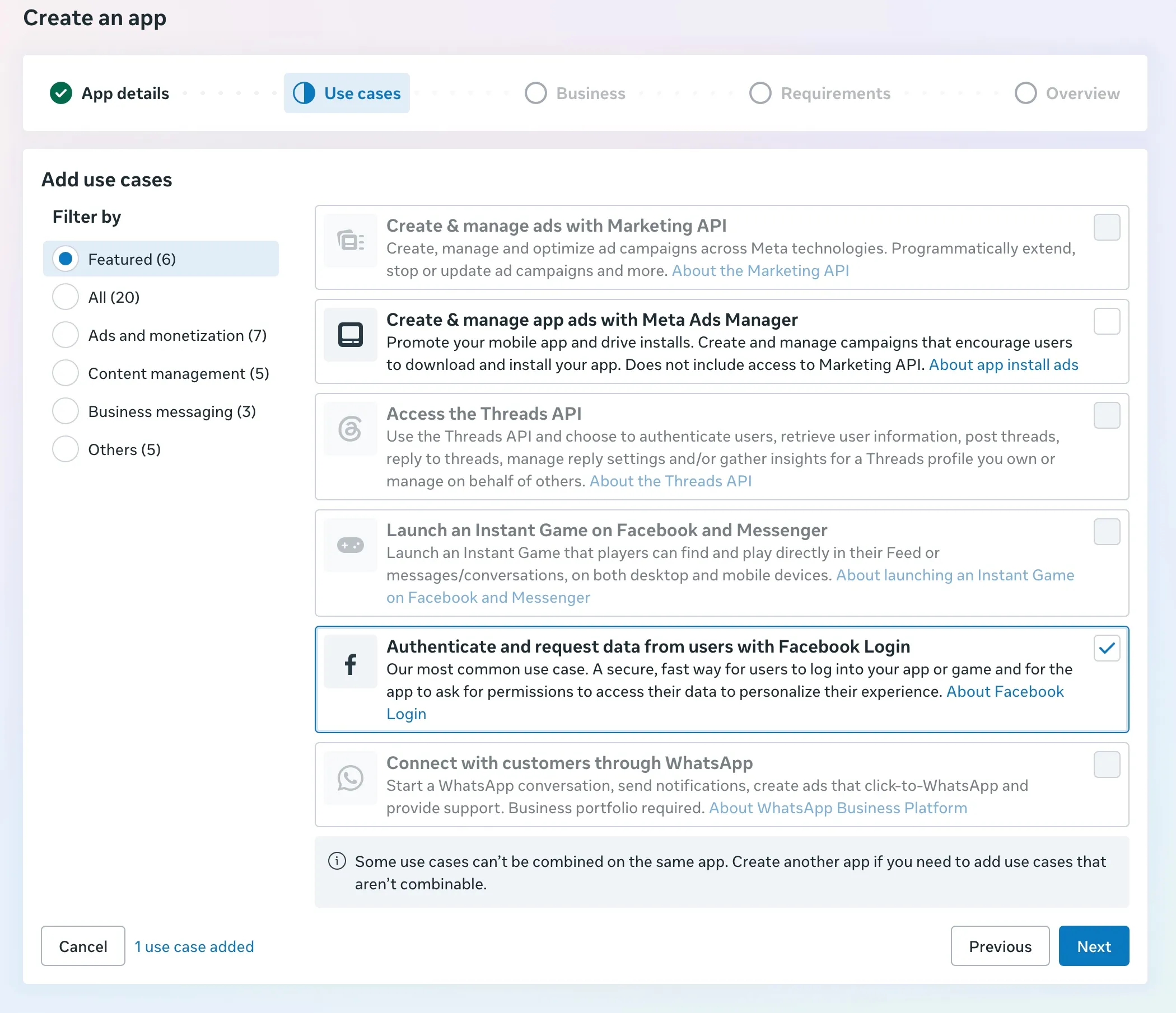 分步填写界面的 Use cases 步骤。六个项目中,Authenticate and request data from users with Facebook Login 已勾选