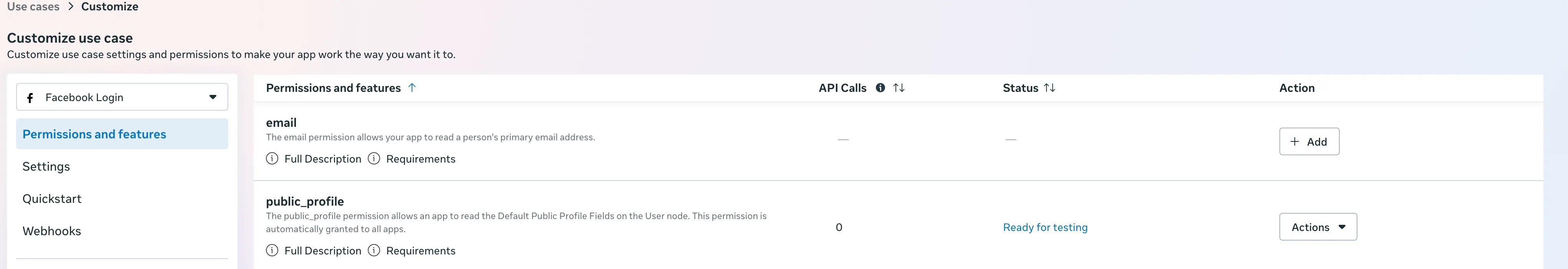 Permissions and features 列表。email 行的 Status 没有任何标记,Action 中是 + Add 按钮,public_profile 行显示 Ready for testing