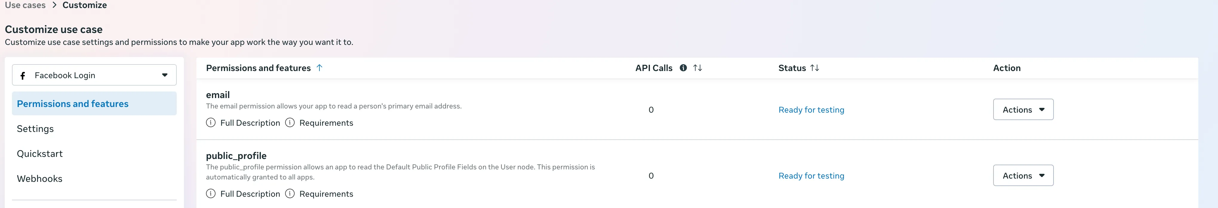 同一个列表。email 和 public_profile 两行的 Status 都是 Ready for testing