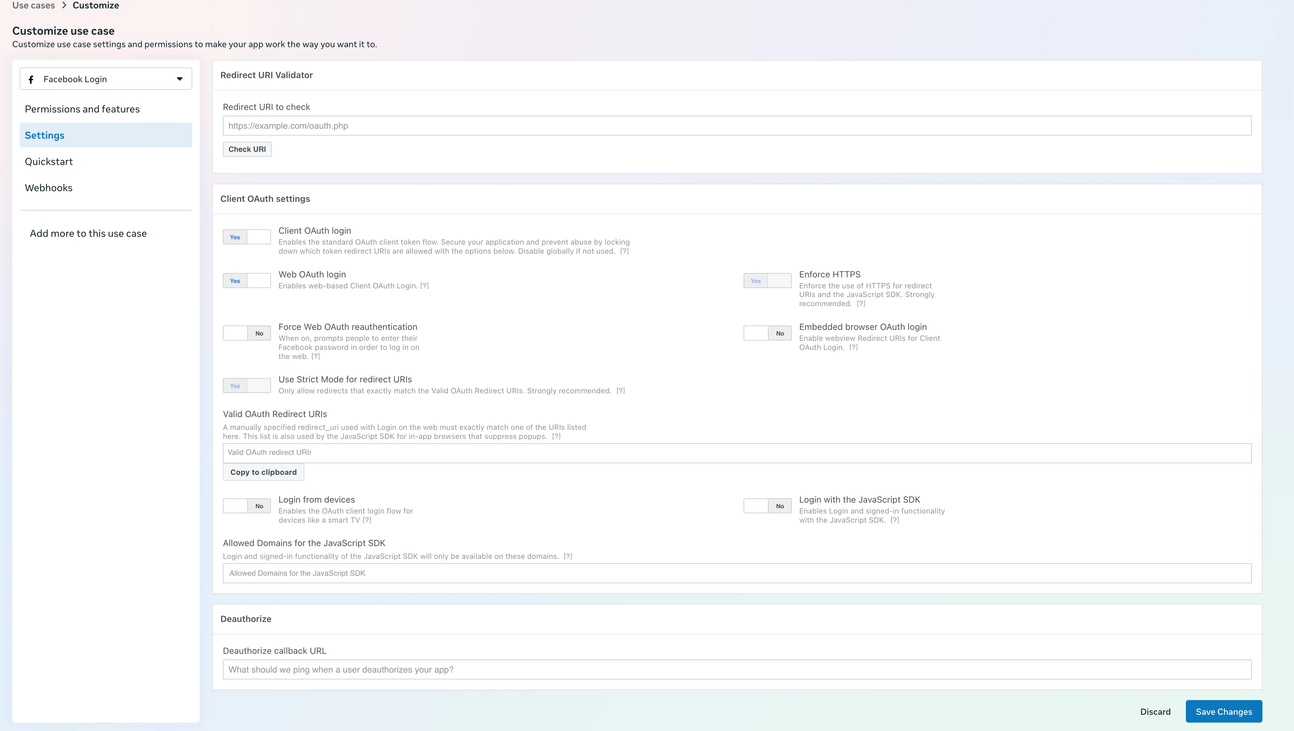 Settings 界面。上方是 Redirect URI Validator,下方 Client OAuth settings 中有 Valid OAuth Redirect URIs 框