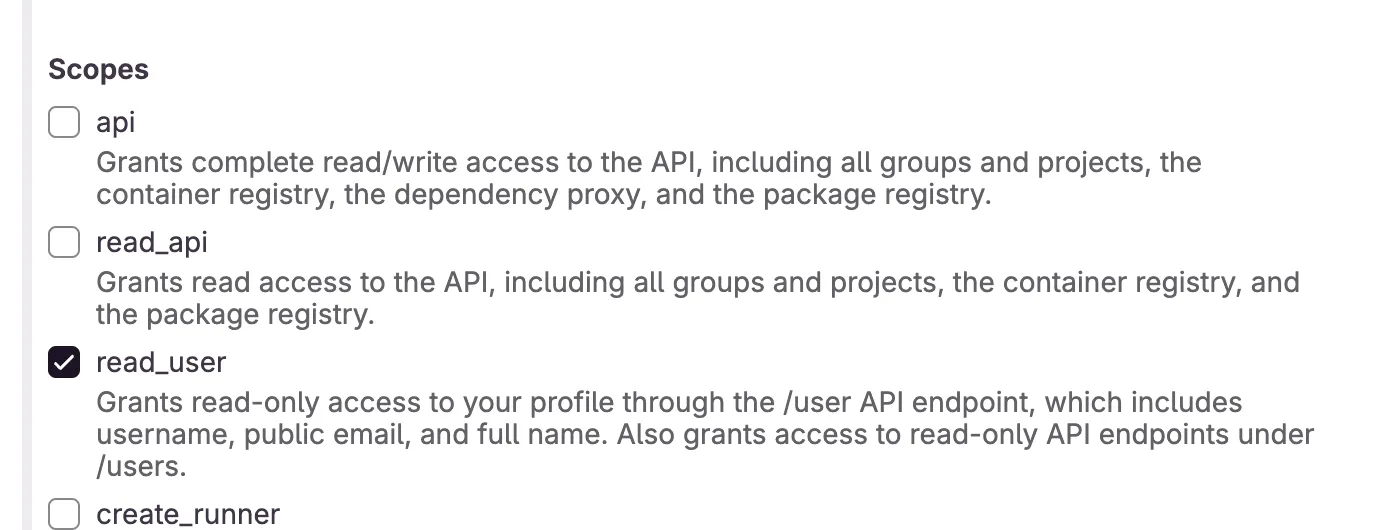 Scopes 列表。api 和 read_api 是关闭的,只有 read_user 是打开的