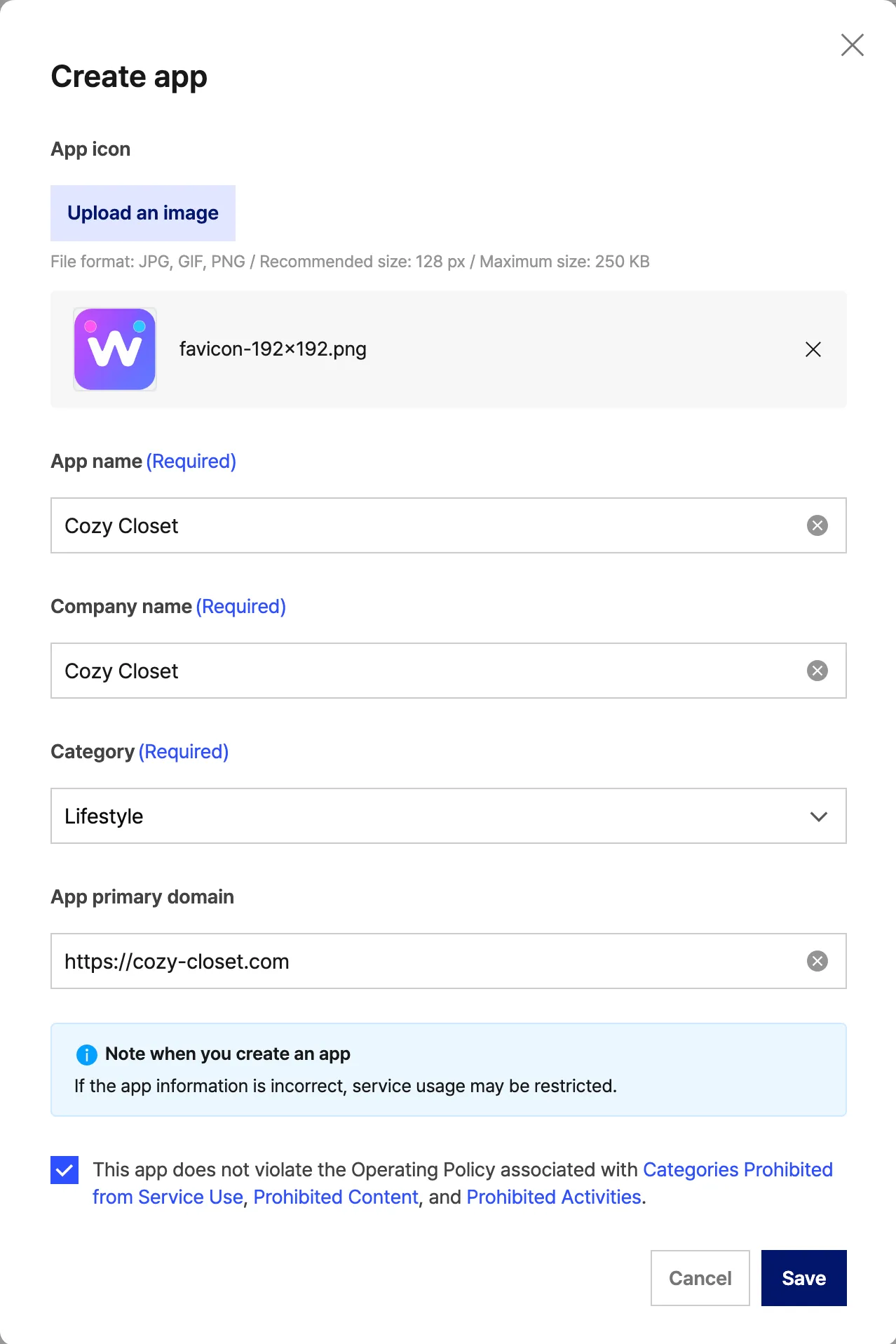 创建应用弹窗。App icon 已上传图片，App name 和 Company name 中是 “Cozy Closet”，App primary domain 中填着网站地址