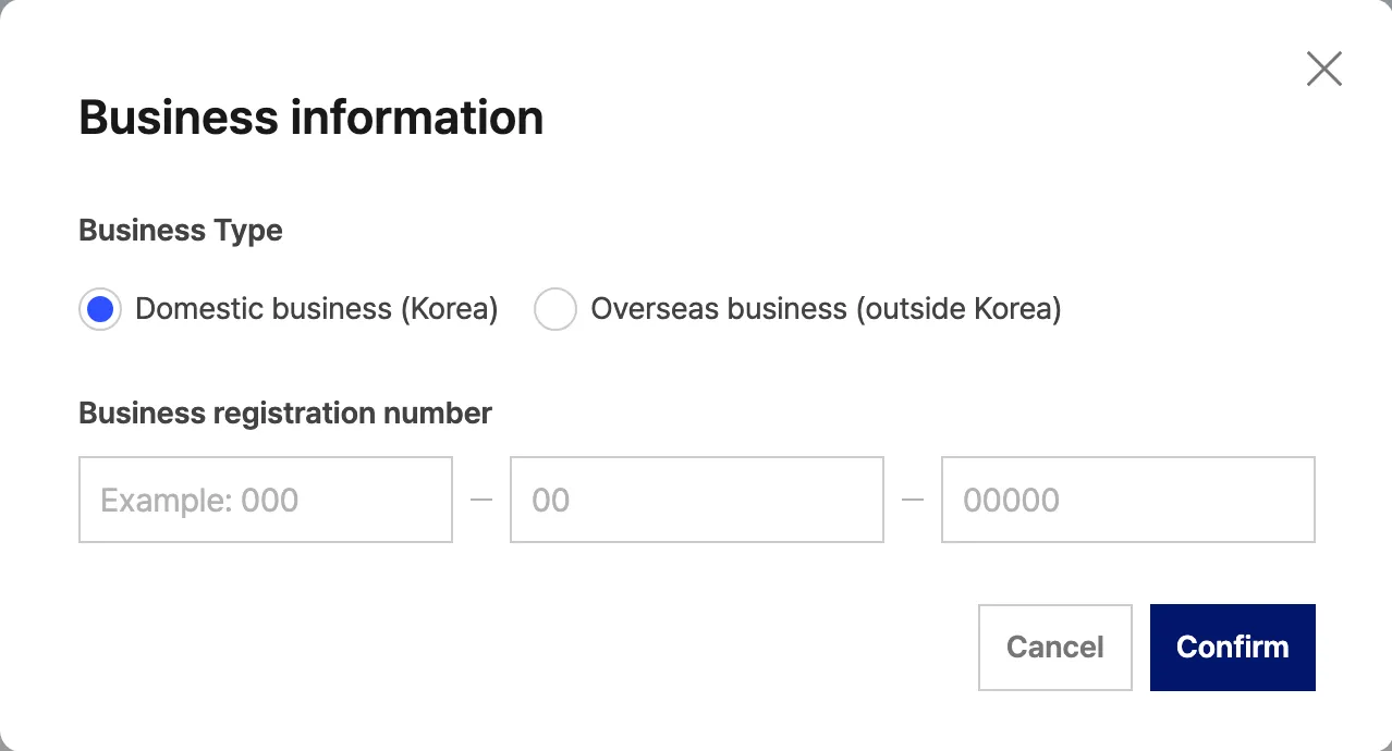 Business information 弹窗。Business Type 中选择了 Domestic business (Korea)，下方有三个 Business registration number 输入框