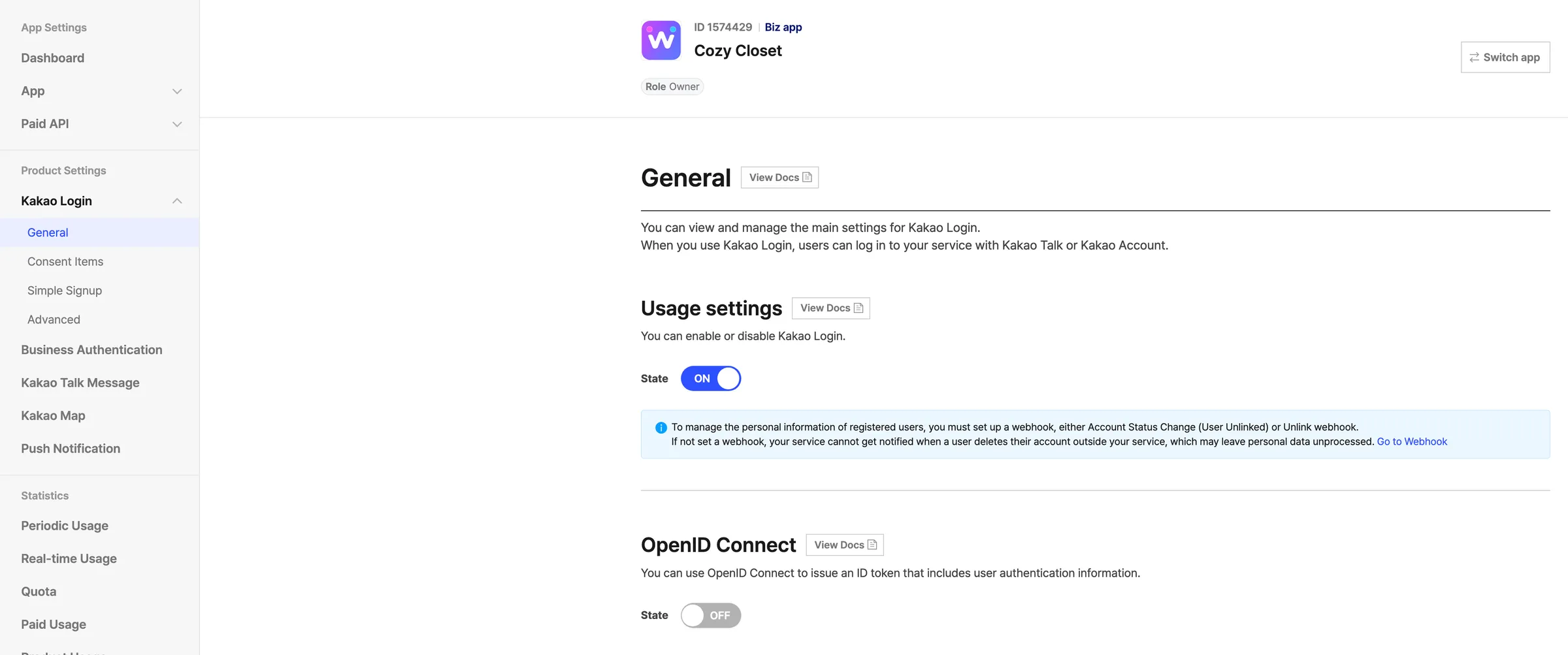 Product Settings → Kakao Login → General 界面。Usage settings 的 State 开关已打开，下方是 OpenID Connect 开关