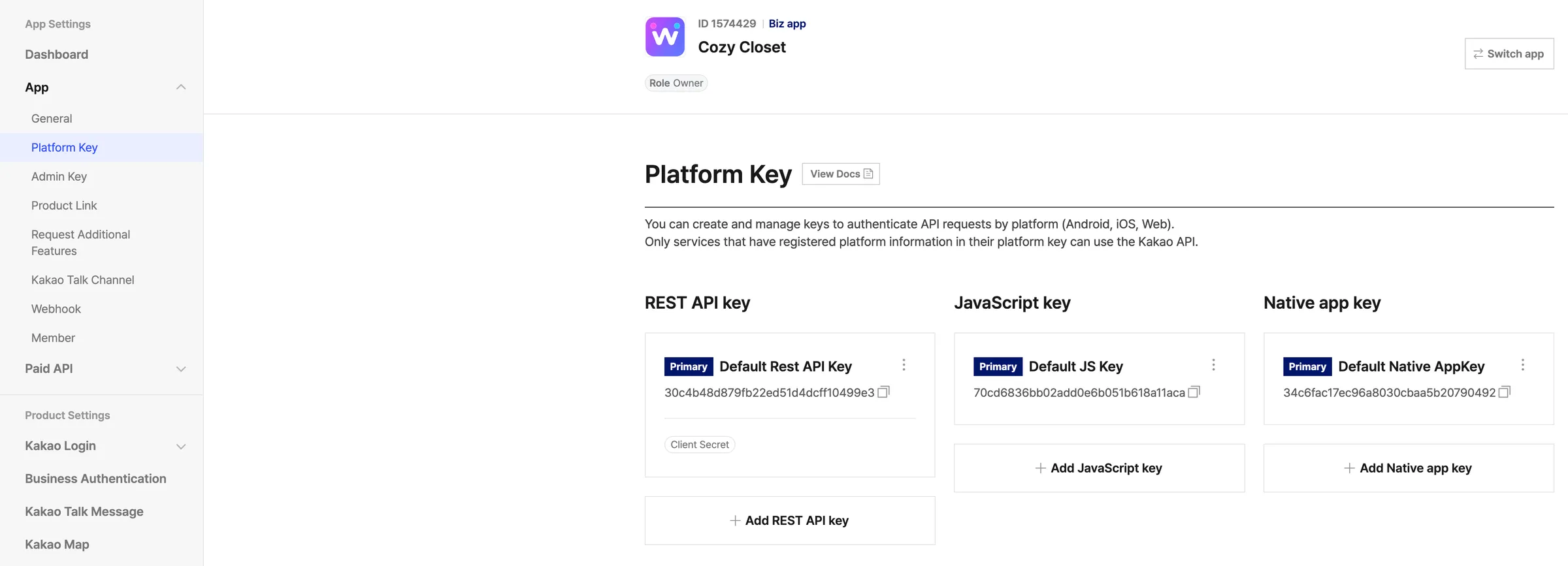 App Settings → App → Platform Key 界面。REST API key、JavaScript key、Native app key 三张卡片并排