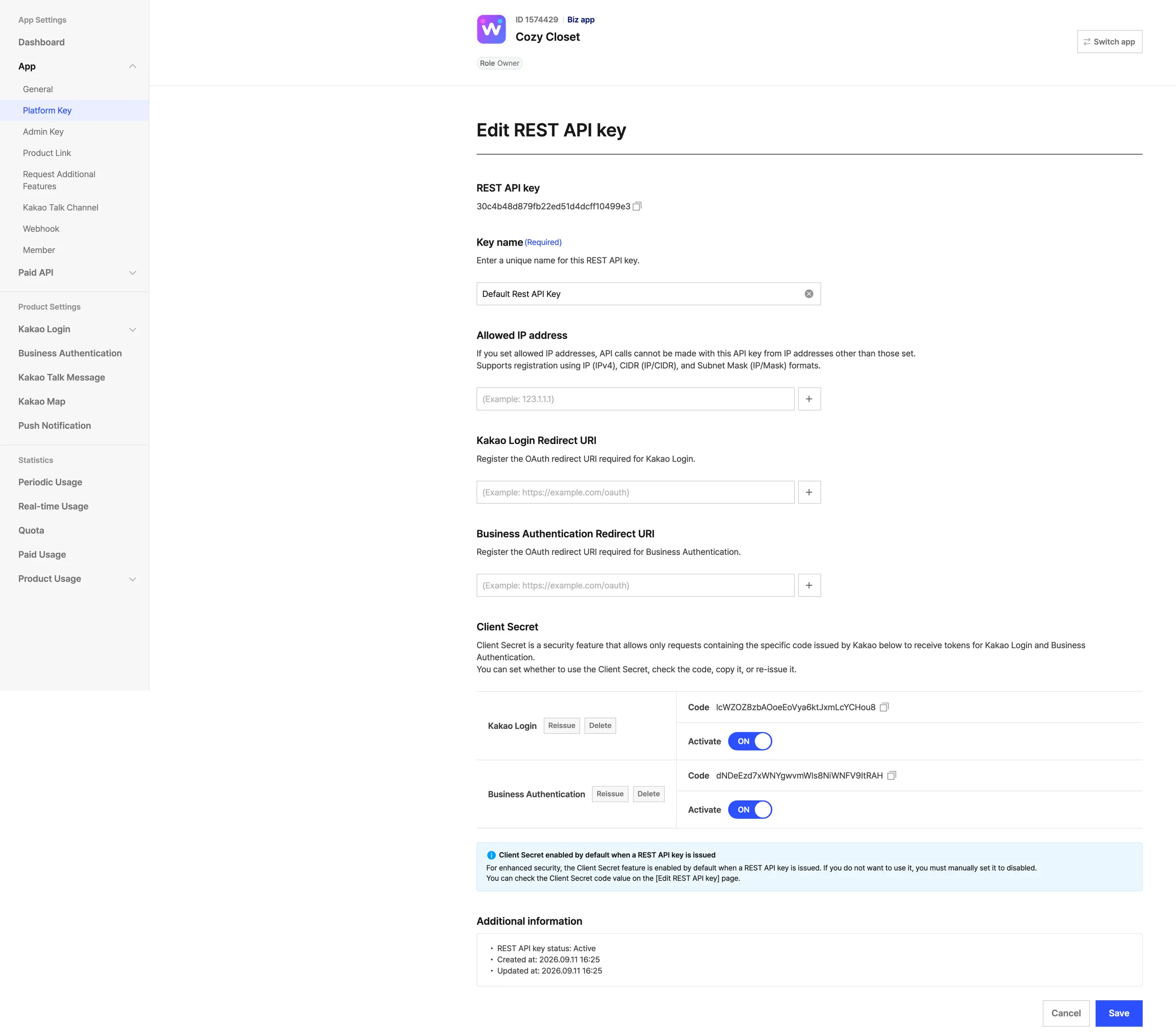 Edit REST API key 界面。最上方是 REST API key 的值，下方 Kakao Login Redirect URI 框为空，再下方是 Client Secret 的 Kakao Login 行和 Business Authentication 行