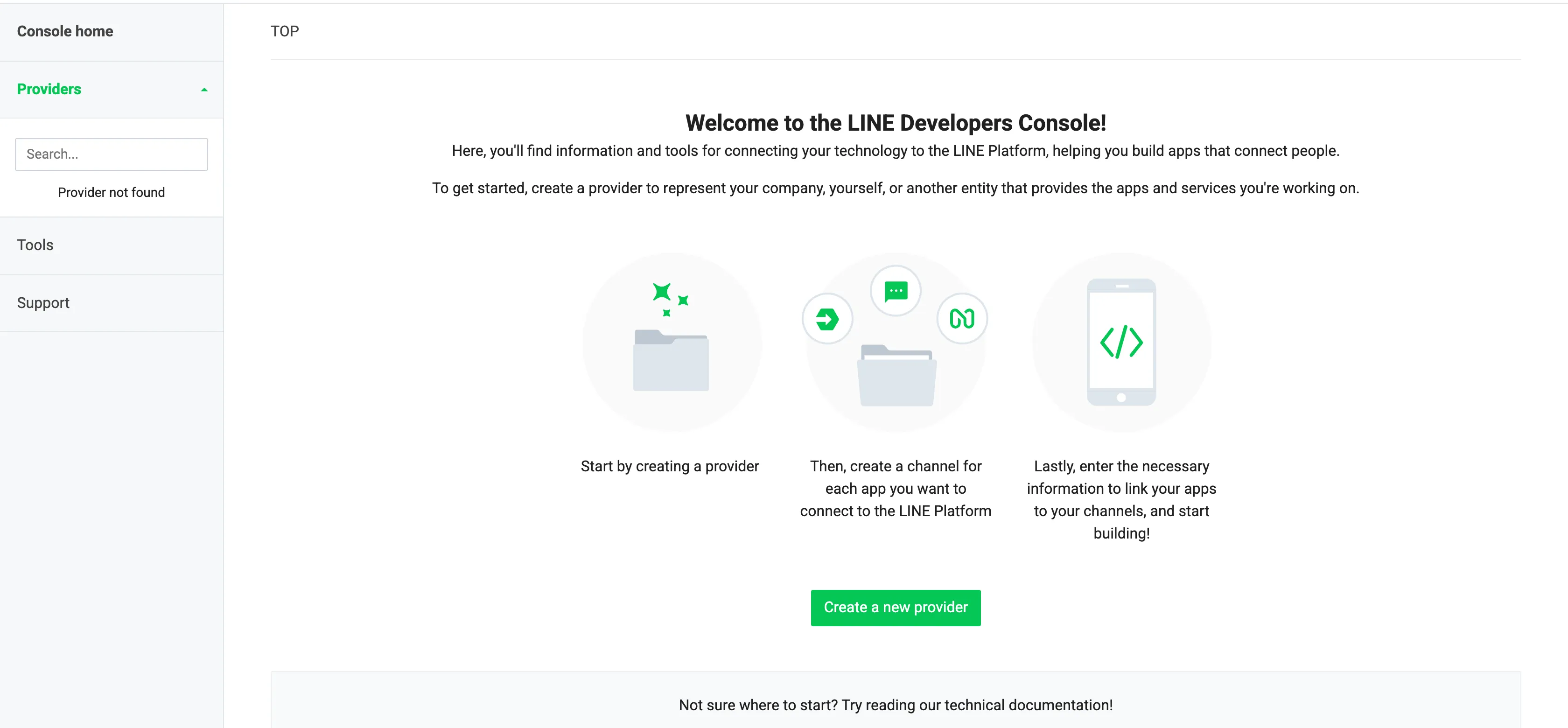 LINE Developers 控制台首页。在没有 Provider 的状态下,可以看到 Create a new provider 按钮