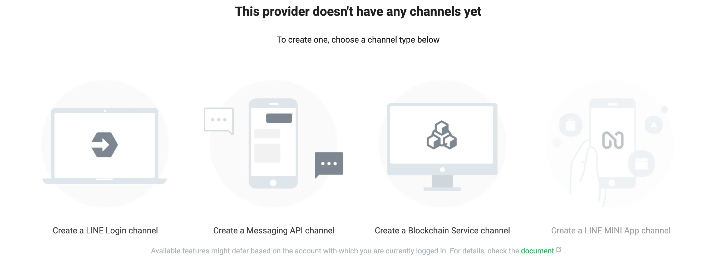 选择频道种类的界面。可以看到 LINE Login、Messaging API、Blockchain Service、LINE MINI App 四张卡片