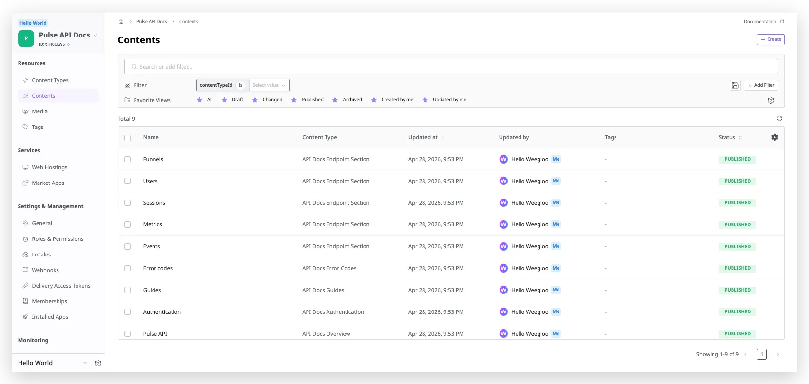在 WEEGLOO 内容工作室中发布的 API、端点 Content 列表