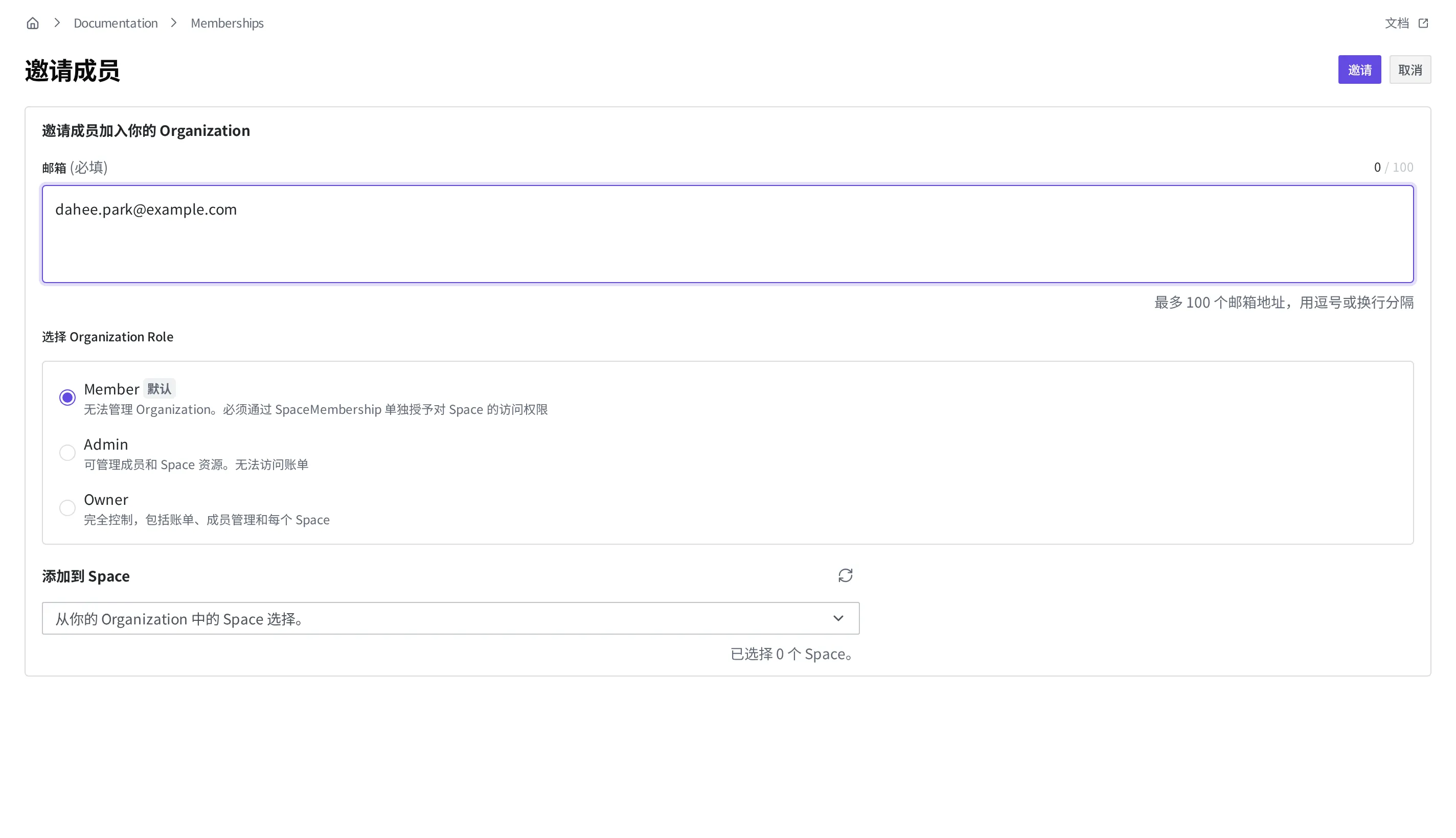 Member 邀请界面。邮箱栏中已输入示例邮箱,有在 Organization Role 中从 Member(默认)、Admin、Owner 里选择的位置,以及添加到 Space 的区块
